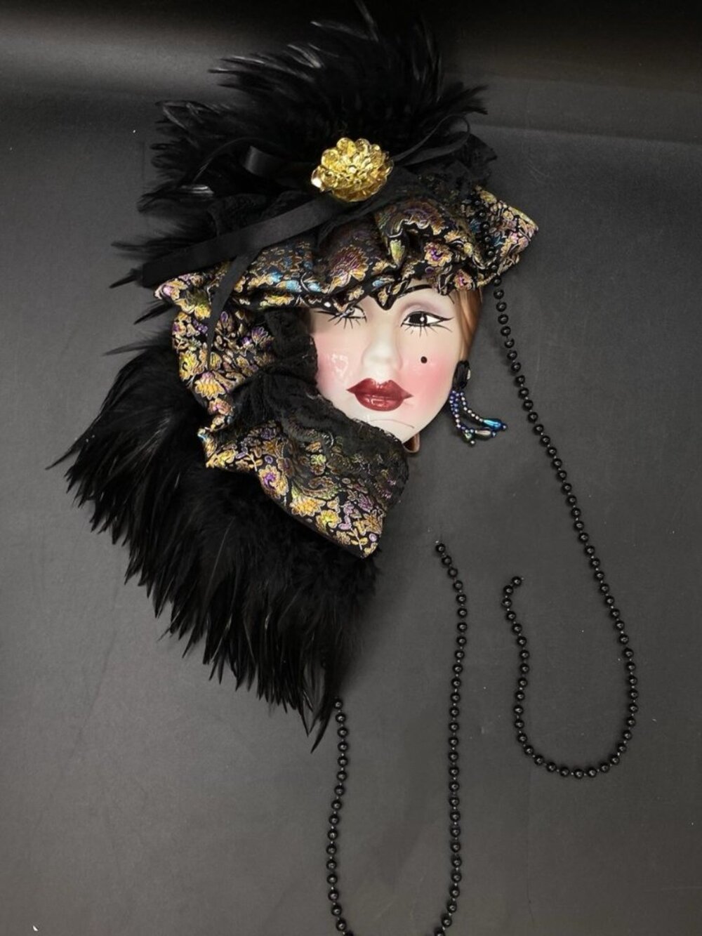 About Face Clay Art Style Masquerade Wall Mask Ceramic Feathers Beads